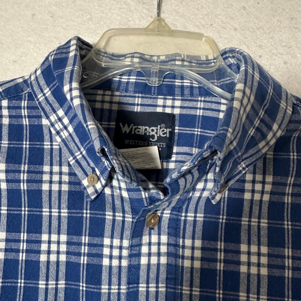 Wrangler Western Shirts Mens XL Blue White Plaid Button Down 100% Cotton cowboy